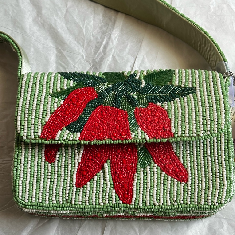 Green Hand Beaded Bag with Red Chili Motif and chili bag charm